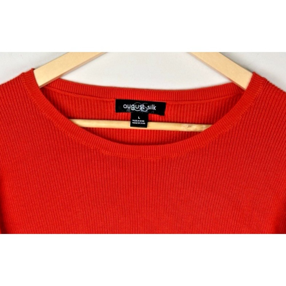 August Silk Red Orange Round Neck Lightweight Ribbed Boxy Sweater Womens Large - Picture 2 of 5
